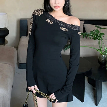 Sexy Dress Women y2k Clothes Leopard Print Lace Trim Off Shoulder Long Sleeve A Line Mini Dress Party Dresses Clubwear