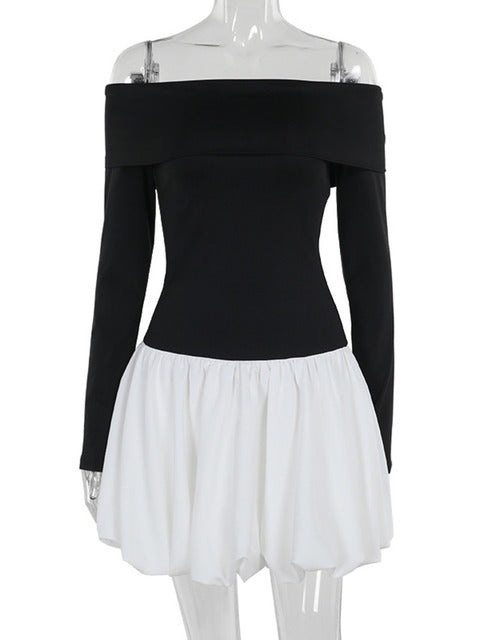 Off-shoulder Long Sleeve Sexy Mini Dress For Women Contrast Color Patchwork Strapless Backless A-line Sexy Dress