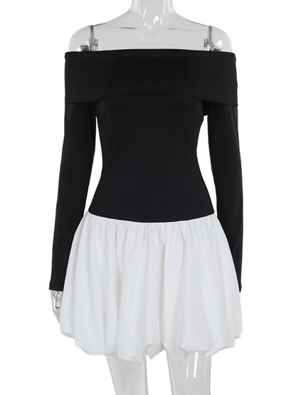 Off-shoulder Long Sleeve Sexy Mini Dress For Women Contrast Color Patchwork Strapless Backless A-line Sexy Dress