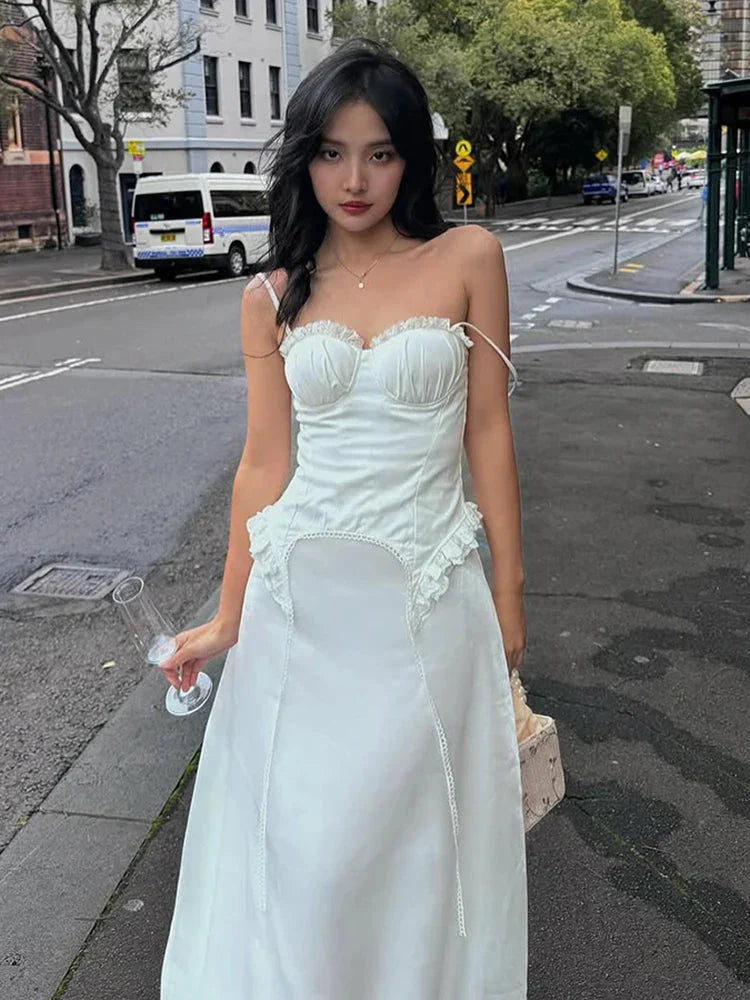 Patchwork Lace Camisole Y2K Strapless Fungus Edge Irregular Hem Tassel Skinny Backless Classic Tops