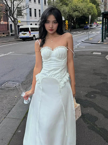Patchwork Lace Camisole Y2K Strapless Fungus Edge Irregular Hem Tassel Skinny Backless Classic Tops
