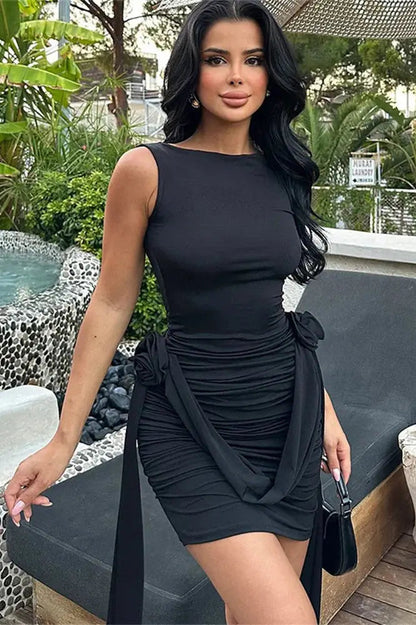 Floral Pleated Sleeveless Mini Dress - Sleeveless Mini Dress