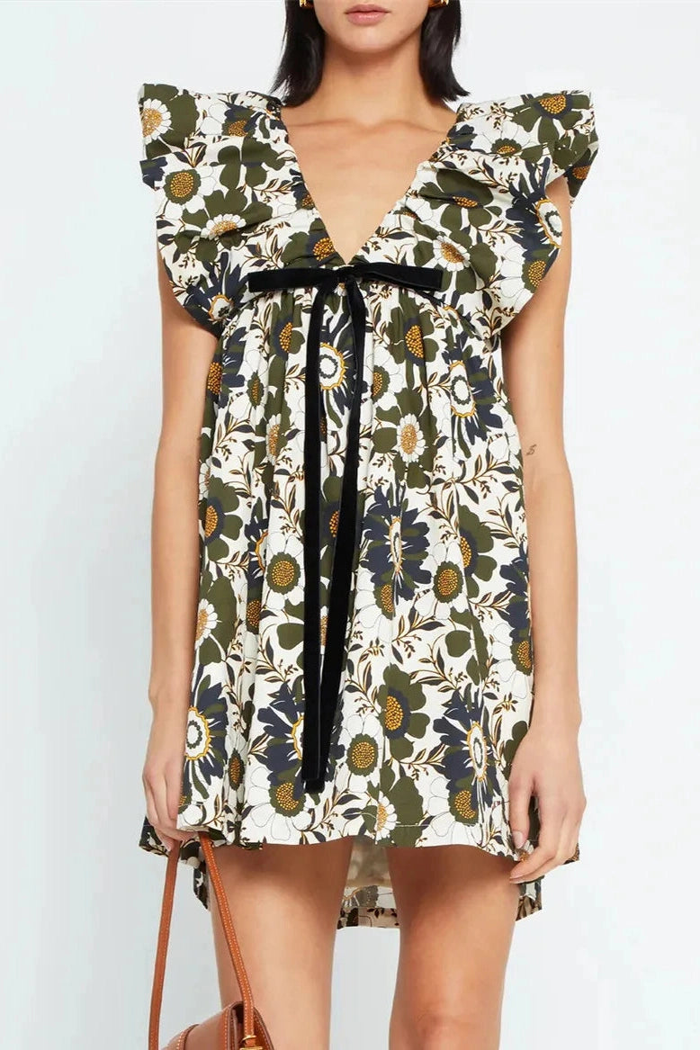 Floral V Neck Puff Sleeve Mini Dress