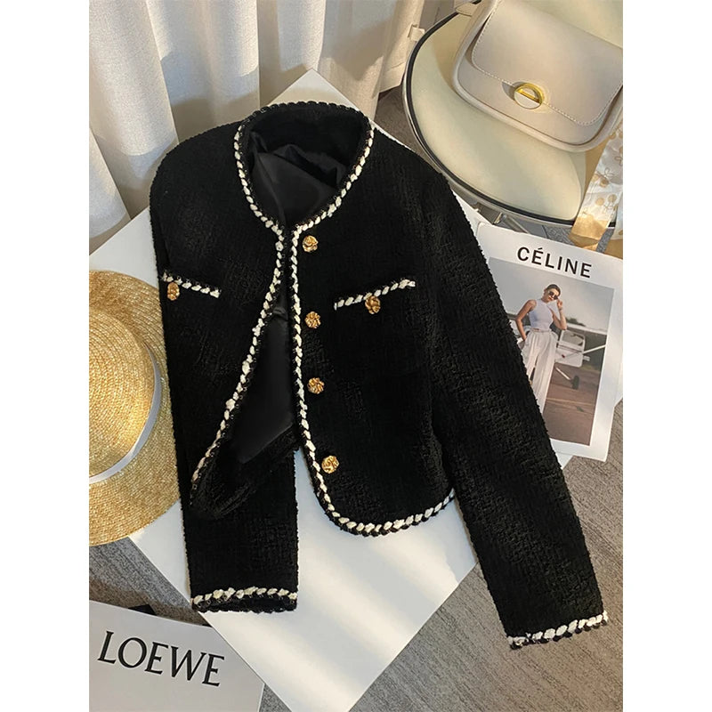 Vintage Tweed Jacket Women Elegant Cropped Quilted Coat Commute Black Blazer Winter Ladies Korean Short Outerwear Tops New