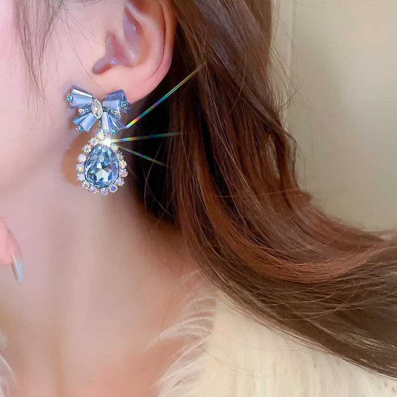 Lizakosht Minar Luxury Blue Crystal Rhinestones Bowknot Water Drop Dangle Earrings for Women Bridal Jewelry