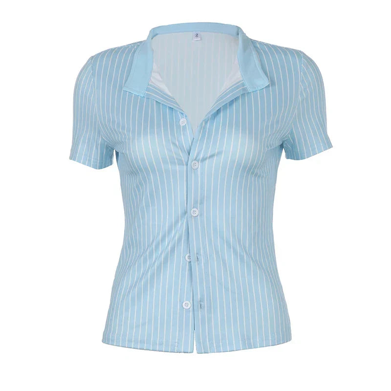 Casual Striped Print Blouse Button Up Short Sleeve Basic Knitted Crop Tops y2k Aesthetic Basic T-shirts Streetwear