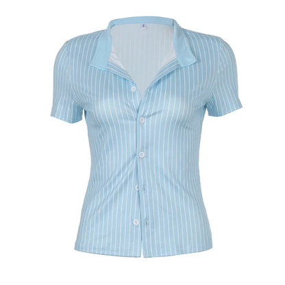 Casual Striped Print Blouse Button Up Short Sleeve Basic Knitted Crop Tops y2k Aesthetic Basic T-shirts Streetwear