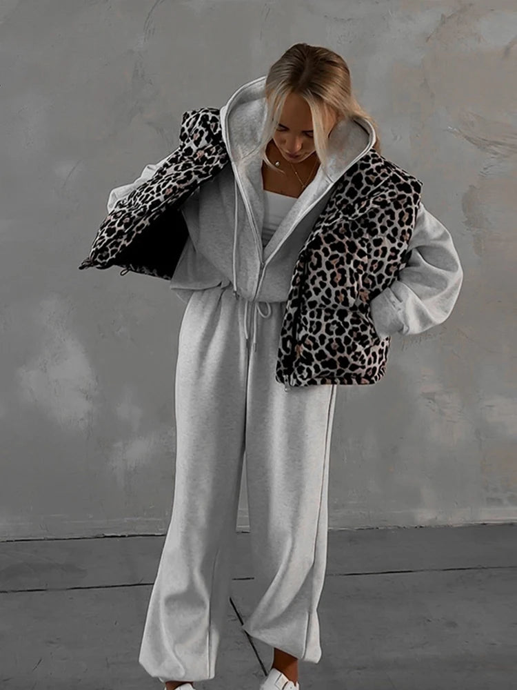 Vintage Leopard Zipper Cotton Vests Women Casual Loose Sleeveless Lapel Short Coats Female Autumn Chic Elegant Street Outwear
