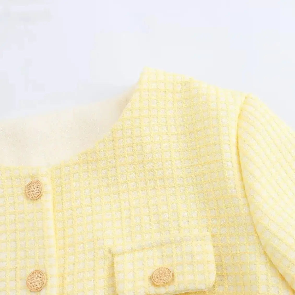 Autumn O neck Yellow Plaid Tweed Coat Cropped Vintage Women Front Pockets Gold Buttons Short Blazer Elegant Jacket