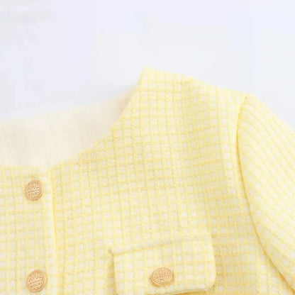 Autumn O neck Yellow Plaid Tweed Coat Cropped Vintage Women Front Pockets Gold Buttons Short Blazer Elegant Jacket