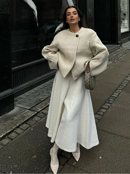Chic One Button O-neck Woolen Coats For Women Fashion Long Sleeve Cropped Oversized Jackets Lady High Street Outerwear New