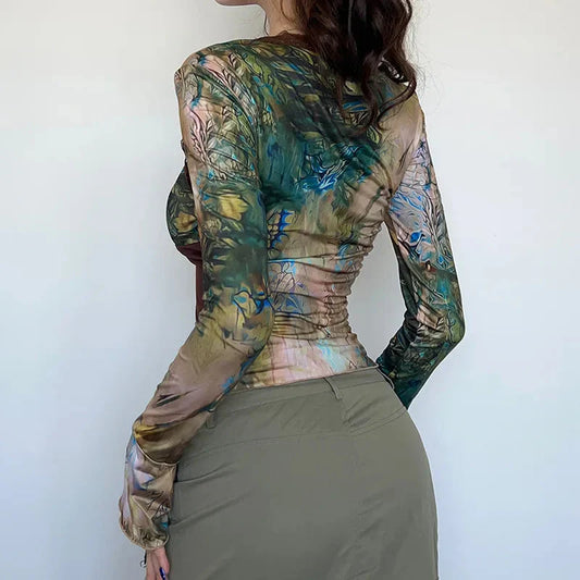 Vintage Crop Top Fairycore Aesthetic Graphic Floral Print Flared Long Sleeve T Shirts y2k Streetwear