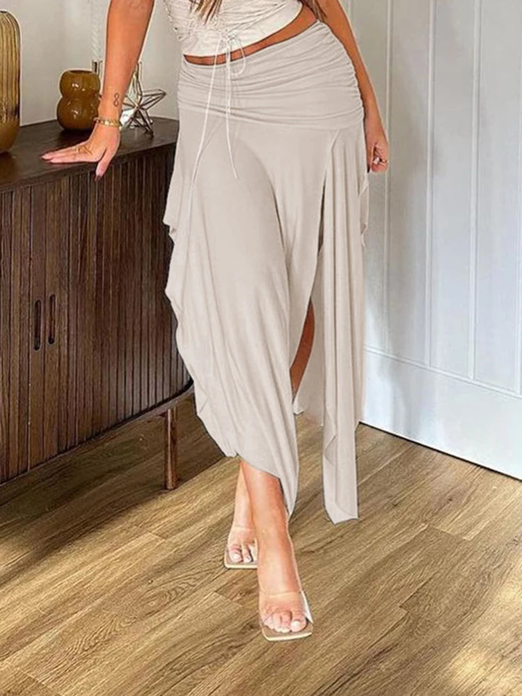 Solid High Waisted Asymmetrical Long Skirts Women Summer Holiday Vacation Clothing