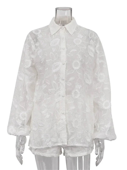 Printed See-Through Sexy Outfits Female Patchwork Cardigan Shirts And Lace-Up High Waist Shorts Sets Autumn 2 Piece-Set