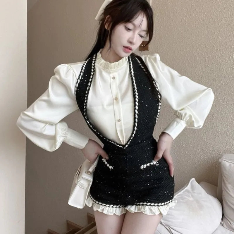 French Vintage Two-piece Set Women Solid Ruffles O-neck Shirt Tweed Halter Short Overalls Elegant Fashion Autumn Y2K Outfits New