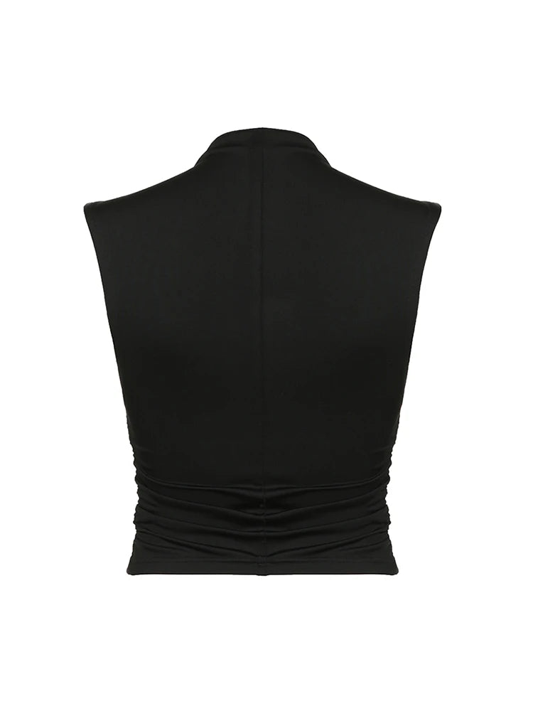 Turtleneck Sleeveless Vest Shirts Women Black Solid Simple Basic Elegant Tank Tee Side Shirring Slim Tops