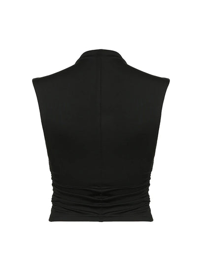 Turtleneck Sleeveless Vest Shirts Women Black Solid Simple Basic Elegant Tank Tee Side Shirring Slim Tops