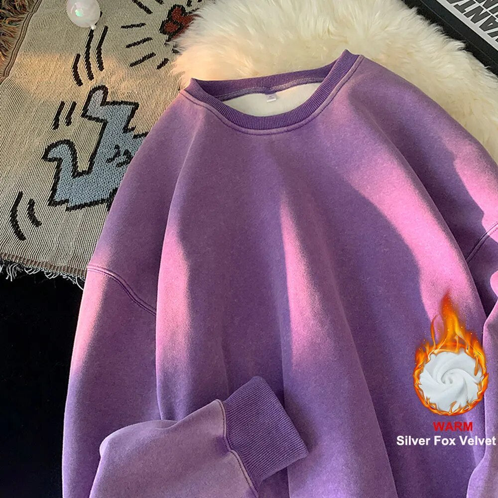 American Washed Old Pullovers Sweatshirts Loose Solid Color Large Size Warm O Neck Tops Hip Hop Y2k Sweatshirt