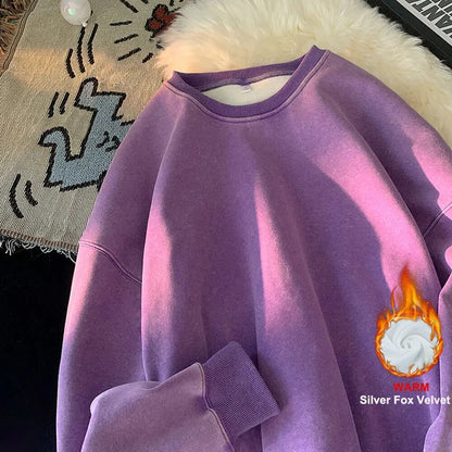 American Washed Old Pullovers Sweatshirts Loose Solid Color Large Size Warm O Neck Tops Hip Hop Y2k Sweatshirt