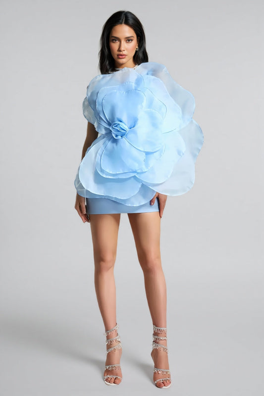 Marielle Mesh Flower One Shoulder Mini Dress-Blue