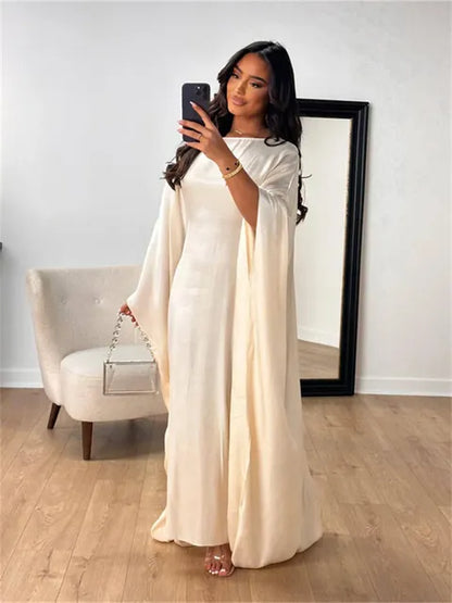 Autumn Loose Shiny Maxi Dress Women’s Butterfly Batwing Long Sleeve Muslim Clothes Party Dress Solid Female Long Dress New