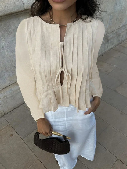 Patchwork Fashion Lace-Up Shirts Top For Women Hollow Out Casual Bandage Solid Elegant Long Sleeve Top Female Cropped Tee