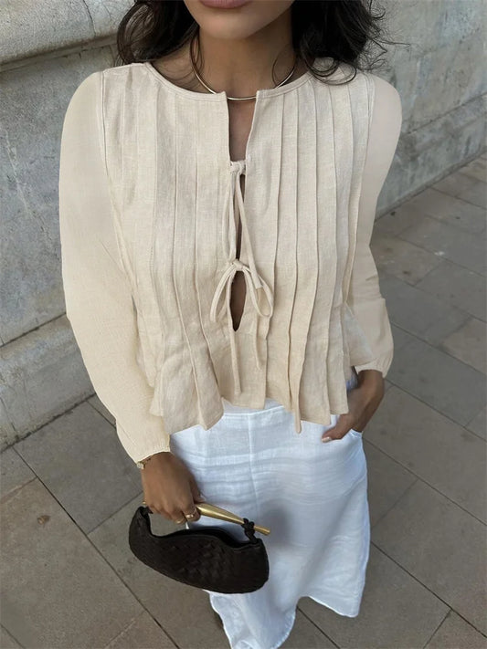 Patchwork Fashion Lace-Up Shirts Top For Women Hollow Out Casual Bandage Solid Elegant Long Sleeve Top Female Cropped Tee