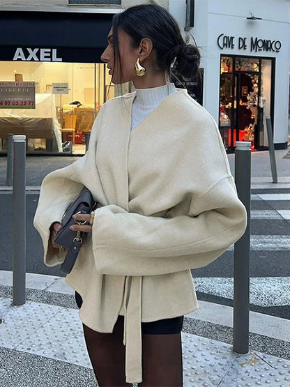 Elegant Lace Up Coat For Women V-neck Long Sleeve Slim Jacket Cardigan 2025 Autumn Winter Lady Streetwear Outwear New In Coats