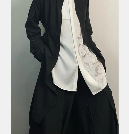 Adjustable Waist Belt Shirt Style Long Coat