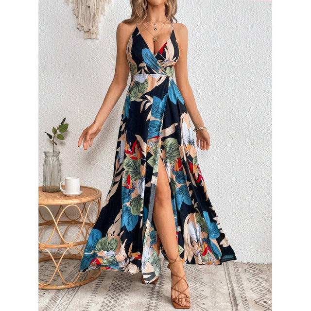 Fashion Flower Print Spaghetti Strap Dresses Women Sexy V-neck Backless Slit Long Dress Bohemian Style Vacation Beach Vestidos