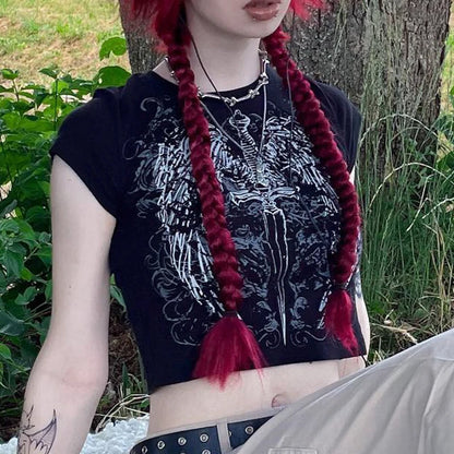 90s Harajuku printed T-shirt short sleeved tight top women&#8217;s Y2K street wear exposed navel top