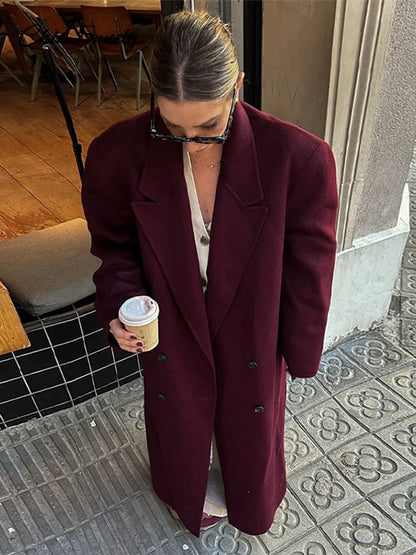 Fashion Burgundy Red Woolen Long Coat Women Oversized Shoulder Pads Full Sleeve Double Breasted Overcoats Autumn Lady Streetwear