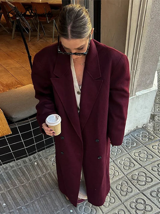Fashion Burgundy Red Woolen Long Coat Women Oversized Shoulder Pads Full Sleeve Double Breasted Overcoats Autumn Lady Streetwear