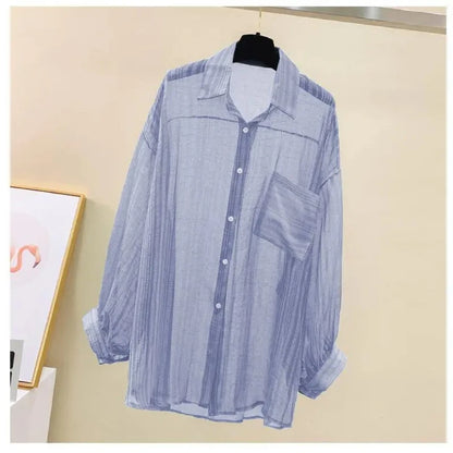 Women Elegant Long Sleeve Perspective Sheer Sunscreen Chiffon Blouse Korean Fashion Loose Shirt Women Summer Beach Cardigans