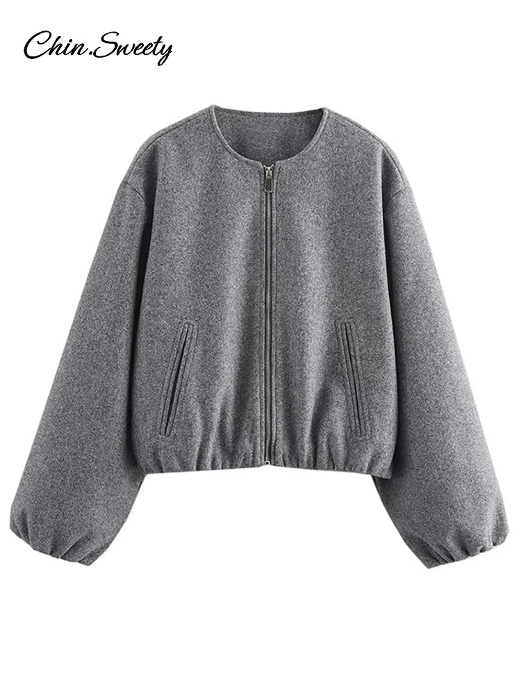 Retro Solid Woolen Women’s Bomber Jacket Long Lantern Sleeves Pockets O-neck Loose Female Coat  Autumn High Street Outwears