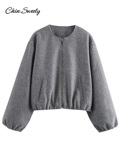 Retro Solid Woolen Women’s Bomber Jacket Long Lantern Sleeves Pockets O-neck Loose Female Coat  Autumn High Street Outwears