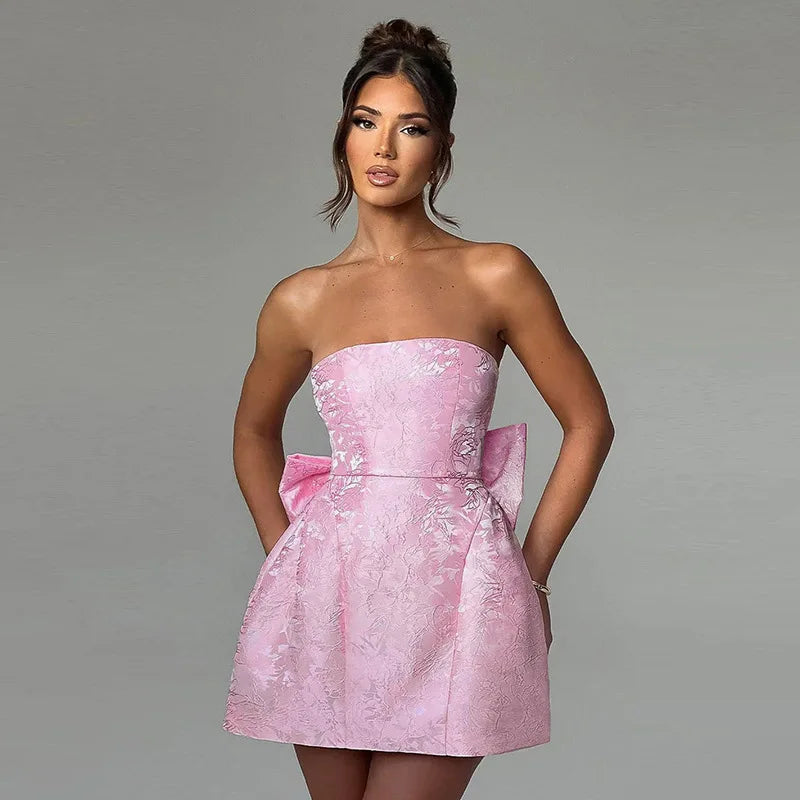 Bow Backless Jacquard A Line Mini Dress