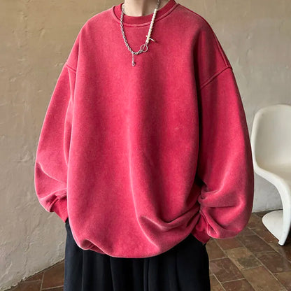 American Washed Old Pullovers Sweatshirts Loose Solid Color Large Size Warm O Neck Tops Hip Hop Y2k Sweatshirt