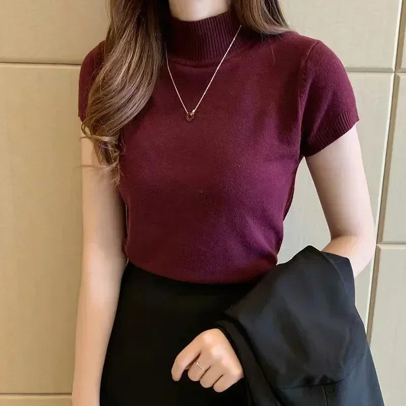 Womens Tops And Blouses Summer Short Sleeve Blouse Women Blusas Mujer De Moda  Turtleneck Knitted Blouse Shirt Tops