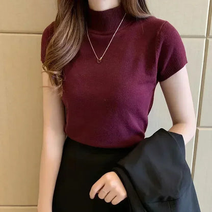 Womens Tops And Blouses Summer Short Sleeve Blouse Women Blusas Mujer De Moda  Turtleneck Knitted Blouse Shirt Tops