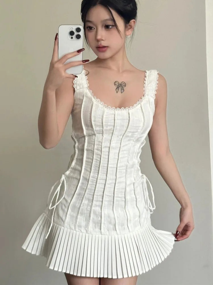 Elegant Pleated Short Dresses for Women Summer New Sleeveless Square Collar White Dress Korean Fashion Y2K One Piece Vestido