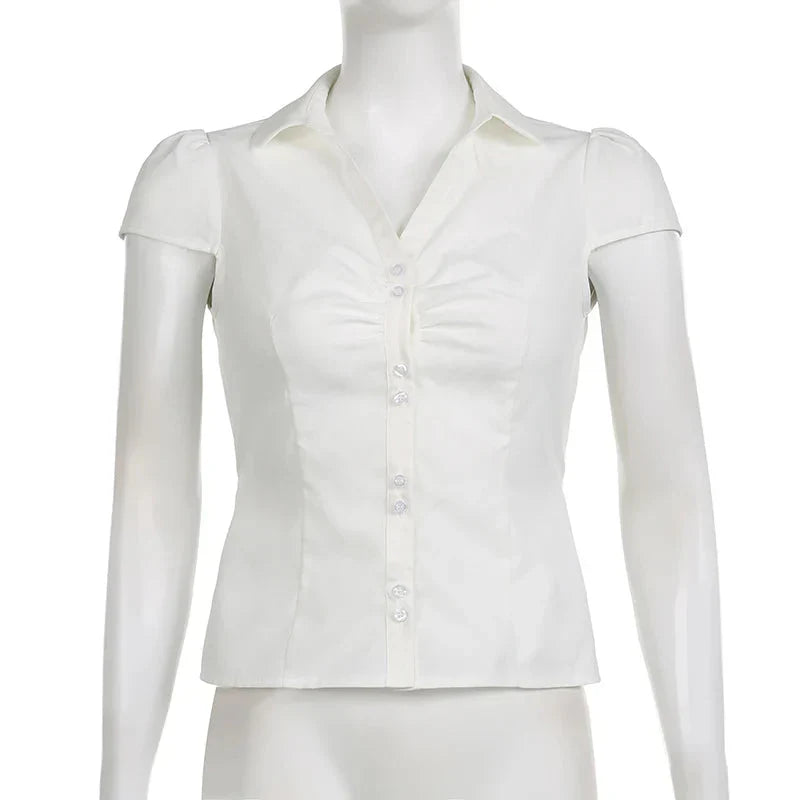 Vintage Folds Crop Top White Button Up Short Sleeve Blouse Bandage Korean T-shirt Casual Streetwear y2k Tee