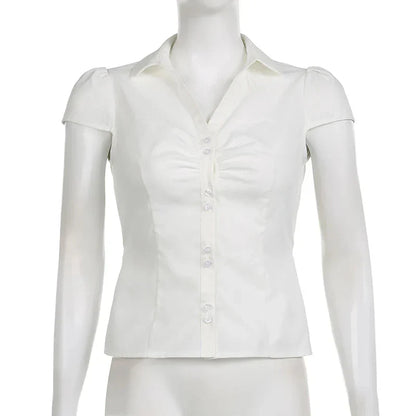 Vintage Folds Crop Top White Button Up Short Sleeve Blouse Bandage Korean T-shirt Casual Streetwear y2k Tee