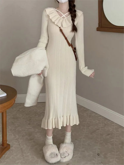 Autumn Knitted Dresses for Women Ruffles V-neck Solid Bodycon Casual Solid Midi Dress Korean Fashion Vestidos Mujer New Knitwear