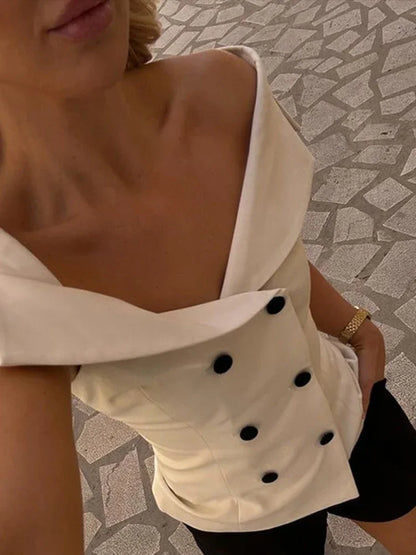 Fashion Off Shoulder Double-breasted Vest Women Sexy Slim Sleeveless Waistcoat  Summer New Ladies Fashion Tops Streetwear