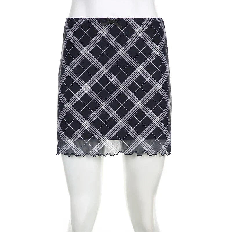 Voguable  Vintage Plaid Double Layer Mesh Skirt High Waist Straight Mini Skirts Fairy Grunge Streetwear Korean Chic Y2K Skirts