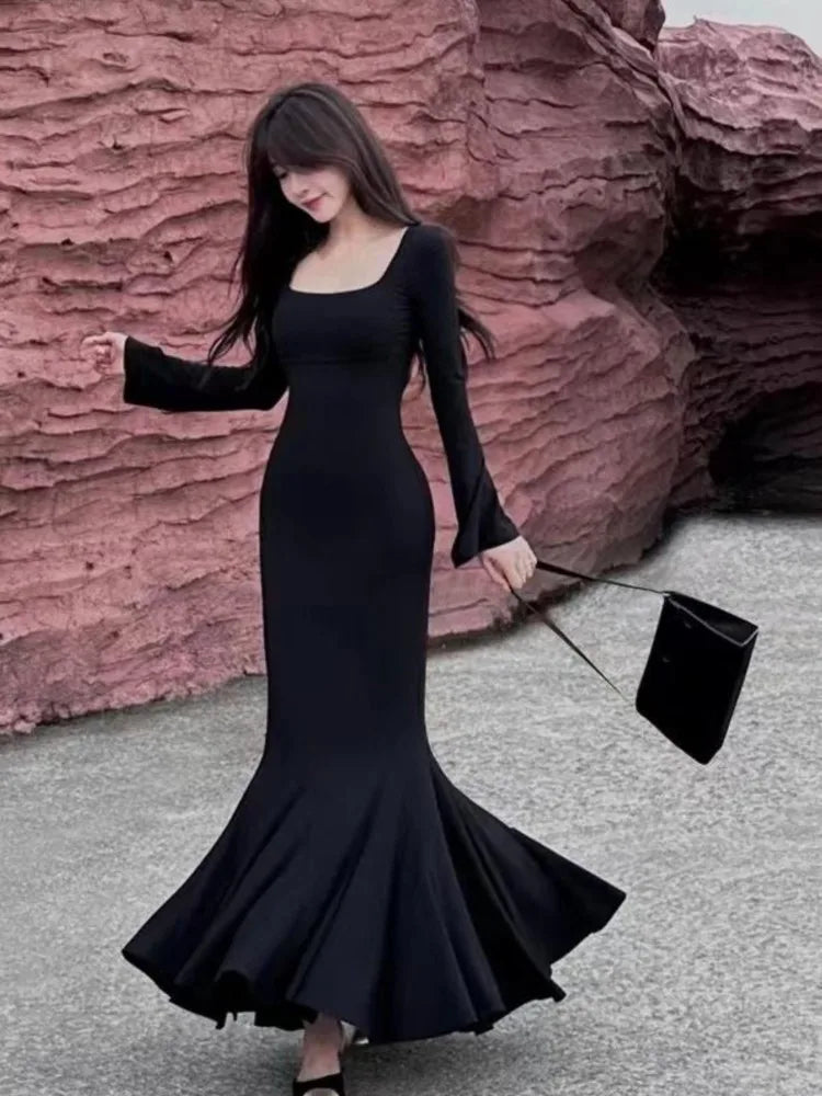 Autumn Fashion Long Dresses for Women Long Sleeves Square Collar Korean Style Slim Fit Mermaid Elegant Basic Solid Vestidos New