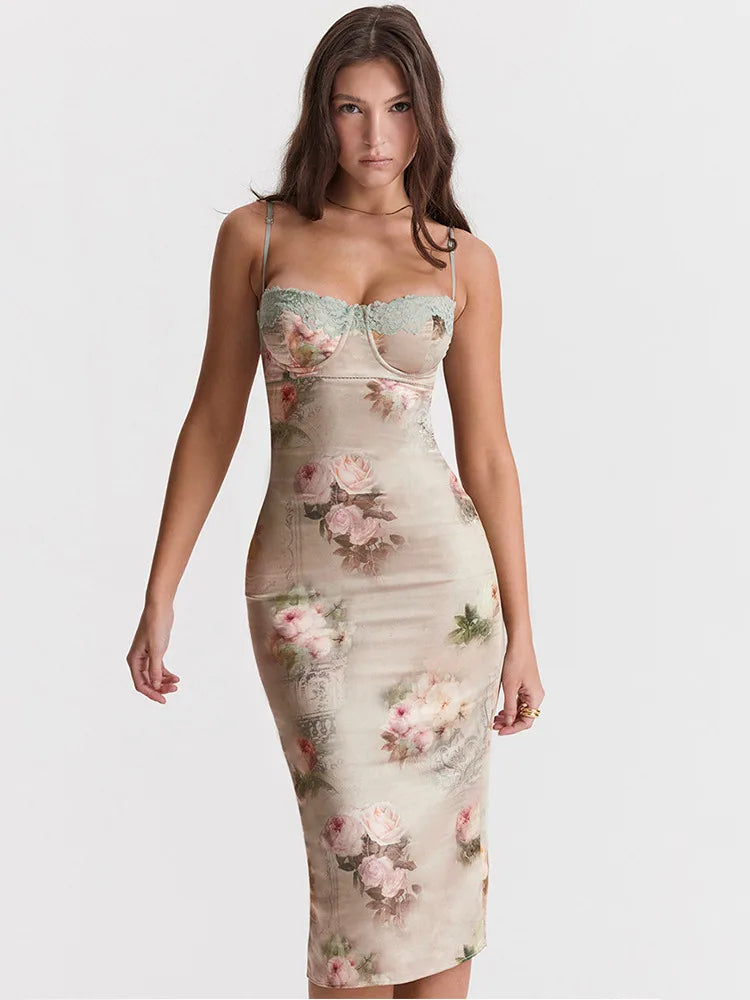 Lace Print Spaghetti Strap Midi Dress