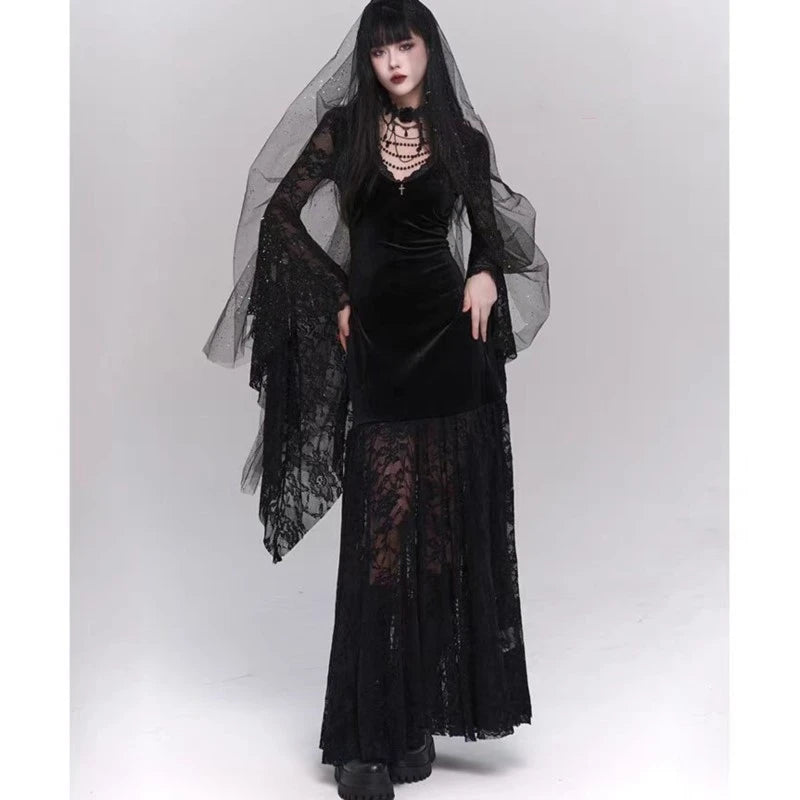 Gothic Black Midi Dresses Women V-neck Irregular Flrae Sleeve Y2k Vintage Lace Bandage Dark Style Harajuku Fashion Clothing New