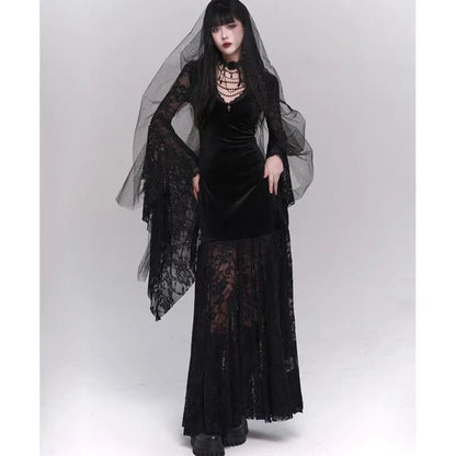 Gothic Black Midi Dresses Women V-neck Irregular Flrae Sleeve Y2k Vintage Lace Bandage Dark Style Harajuku Fashion Clothing New